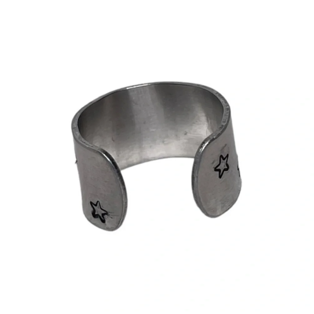 Handmade 9 stamped moon & stars silver adjustable hypoallergenic wide cuff‎ ring